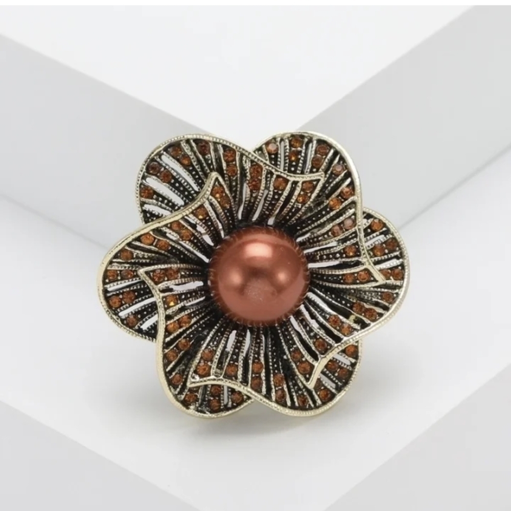 Fashion Jewelry Gold & Brown Floral Brooch